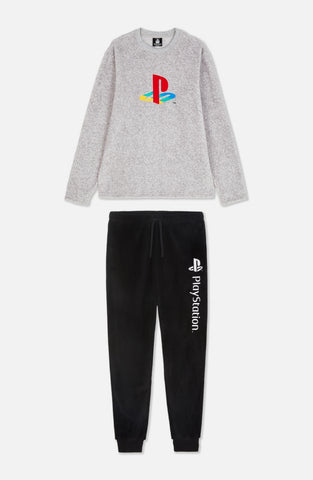 MENS GREY MARL PLAYSTATION LOGO FLEECE PYJAMA SET